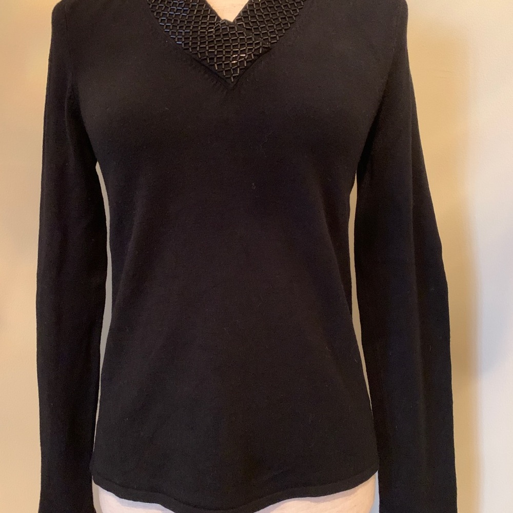 KATHERINE BARCLAY Black Sweater w/Beaded V-Neck